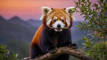 A red panda perched on a branch against a colorful sunset backdrop. photo