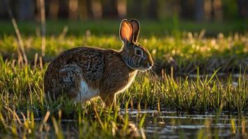 A rabbit stands in a grassy area near water, illuminated by soft sunlight. photo