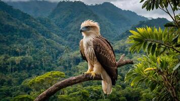 A majestic eagle perched on a branch against a lush mountainous backdrop. photo