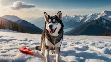 A playful husky stands on snow with mountains in the background and a piece of watermelon nearby. photo