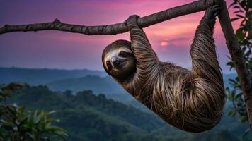 A sloth hanging from a branch against a colorful sunset backdrop in a lush landscape. photo