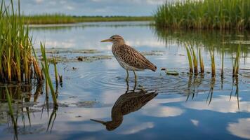 A bird wades through shallow waters, reflecting its image amidst lush green reeds. photo
