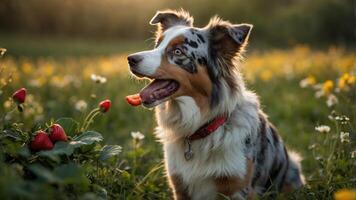 A playful dog with striking fur enjoys a sunny day among strawberries in a vibrant field. photo