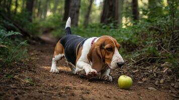 A curious basset hound approaches a green apple on a forest path. photo
