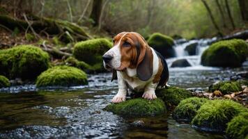 A basset hound stands on mossy rocks in a serene stream surrounded by lush greenery. photo