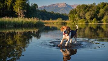 A playful dog splashes in a serene lake with mountains in the background. photo