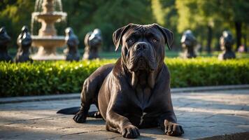 A black dog lounging in a park with a fountain and sculptures in the background. photo