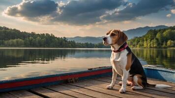 A beagle sits on a boat by a serene lake, surrounded by lush mountains and a cloudy sky. photo