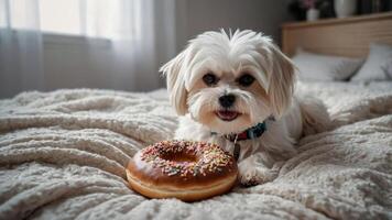 A cute dog lying on a bed next to a colorful donut, creating a cozy atmosphere. photo