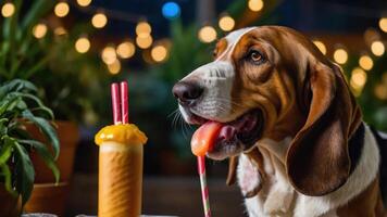 A dog enjoying a colorful drink in a cozy setting with warm lights. photo