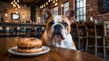 A dog curiously gazes at a donut on a table in a cozy cafe setting. photo