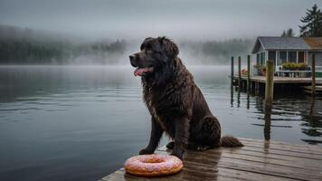 A dog sits by a misty lake with a donut on the dock, creating a serene atmosphere. photo