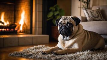 A pug resting on a rug near a cozy fireplace, creating a warm and inviting atmosphere. photo