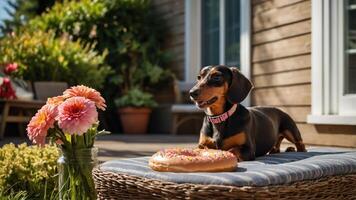 A dachshund sits beside a large donut and flowers on a cozy outdoor setting. photo
