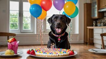 A joyful dog celebrating its birthday with a colorful cake and balloons. photo