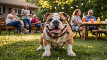 A happy bulldog in a backyard gathering with people enjoying food and drinks. photo