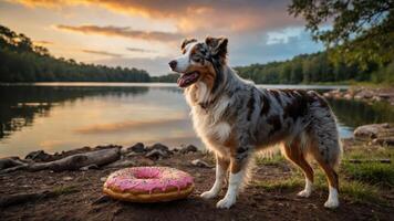 A dog stands by a lake at sunset, next to a large pink donut. photo