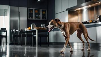 A dog walking through a modern kitchen with sleek appliances and a dining area. photo