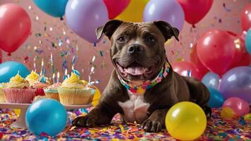 A cheerful dog surrounded by festive decorations, cupcakes, and balloons for a celebration. photo