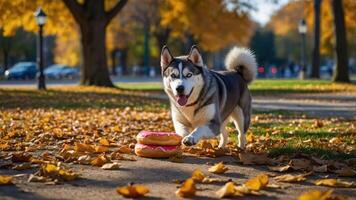 A playful husky dog joyfully carries a doughnut toy in a colorful autumn park. photo