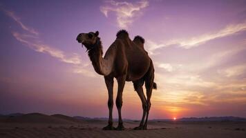 A camel stands in a desert at sunset, showcasing the serene beauty of nature. photo