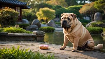 A Shar Pei dog sits beside a donut in a serene garden setting. photo