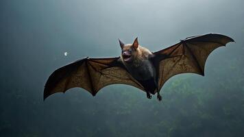 A bat in flight, showcasing its wings and agile movement in a misty environment. photo