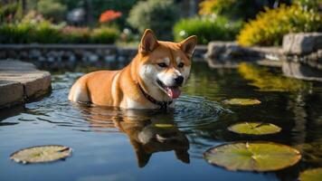 A Shiba Inu dog wades in a tranquil pond surrounded by lily pads and lush greenery. photo