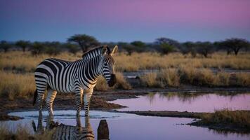 A zebra stands by a waterhole at sunset, surrounded by grasslands and trees. photo