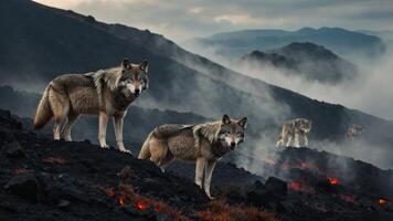 A group of wolves on a volcanic landscape with mist and smoke in the background. photo