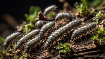 Close-up of silver-colored insects on a wooden surface with moss. photo