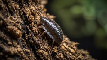 A close-up of a small insect on textured wood, showcasing its details and habitat. photo