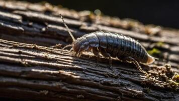 A close-up of a beetle crawling on a textured log in natural light. photo