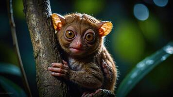 A close-up of a cute primate with large eyes perched on a tree branch in a lush forest. photo