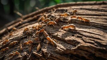 A close-up of ants on a textured log, showcasing their intricate behavior in nature. photo