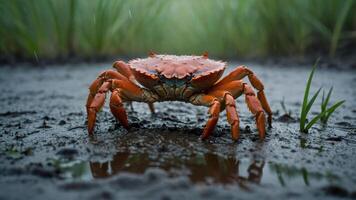A crab walking through muddy terrain with grass in the background. photo
