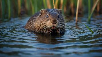 A close-up of a wet animal in water, surrounded by tall grass. photo
