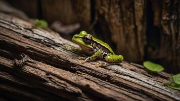A vibrant green frog perched on a textured log in a natural setting. photo