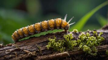 A close-up of a caterpillar on a log, surrounded by small green plants. photo