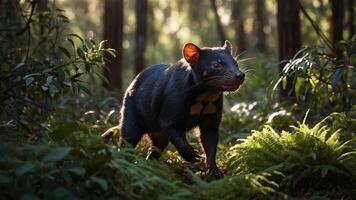 A Tasmanian devil walking through a sunlit forest with ferns. photo