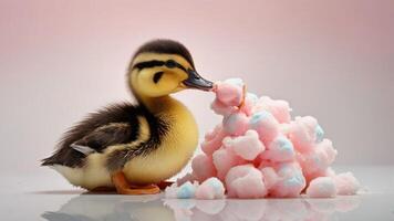 A duckling enjoying a colorful pile of cotton candy. photo