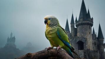 A colorful parrot perches in front of a misty castle, creating a whimsical scene. photo