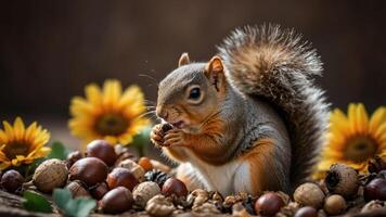 A squirrel enjoying a feast among nuts and sunflowers. photo