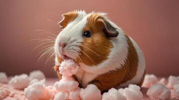 A cute guinea pig enjoying cotton candy surrounded by fluffy pink cotton. photo