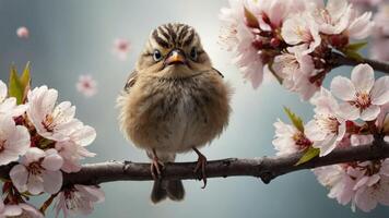 A cute bird perched on a branch surrounded by blooming flowers. photo