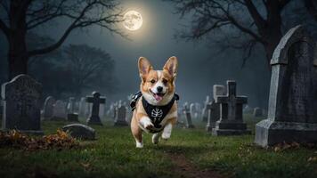 A playful corgi runs through a spooky graveyard under a full moon. photo