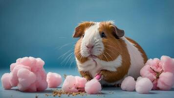A cute guinea pig surrounded by pink cotton candy on a blue background. photo