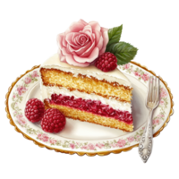 Elegant Slice of Cake with Rose and Raspberries, Vintage Dessert Display png