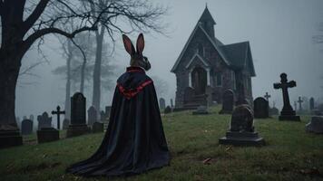 A mysterious rabbit in a cape stands in a foggy graveyard near a church. photo