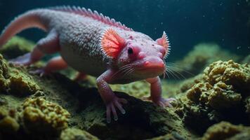 A close-up of an aquatic creature resembling a pink axolotl in its natural habitat. photo